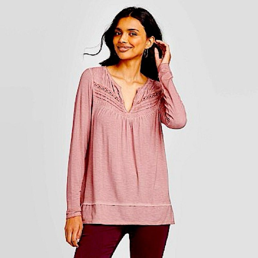 Knox Rose Rose Long Sleeve Split Neck Oil Wash Top w Pintucking Detail Sz Small